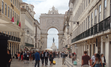 Main street of shops leading to riverfront area