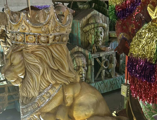 An image of a float in the shape of a lion at Rio de Janeiro.